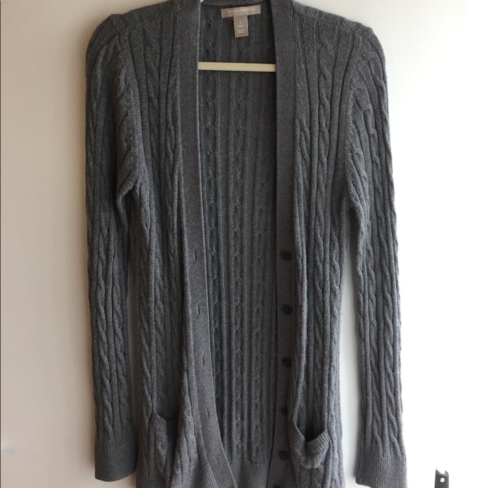 Cardigan sweater, cable knit, gray